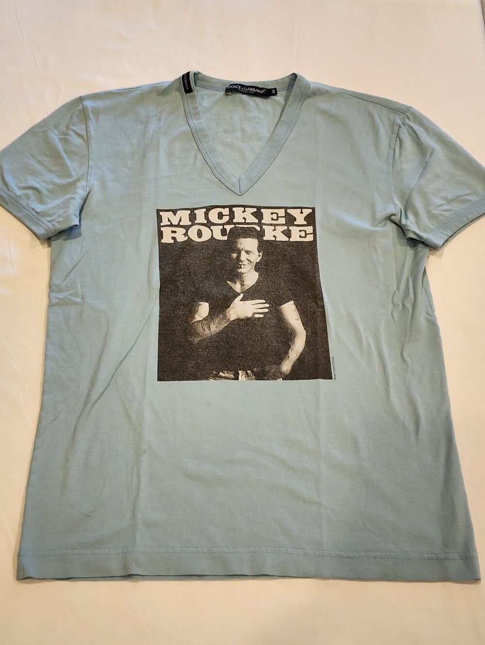Vintage Dolce & Gabbana  Light Blue V-Neck Graphic T-Shirt - Mickey Rourke